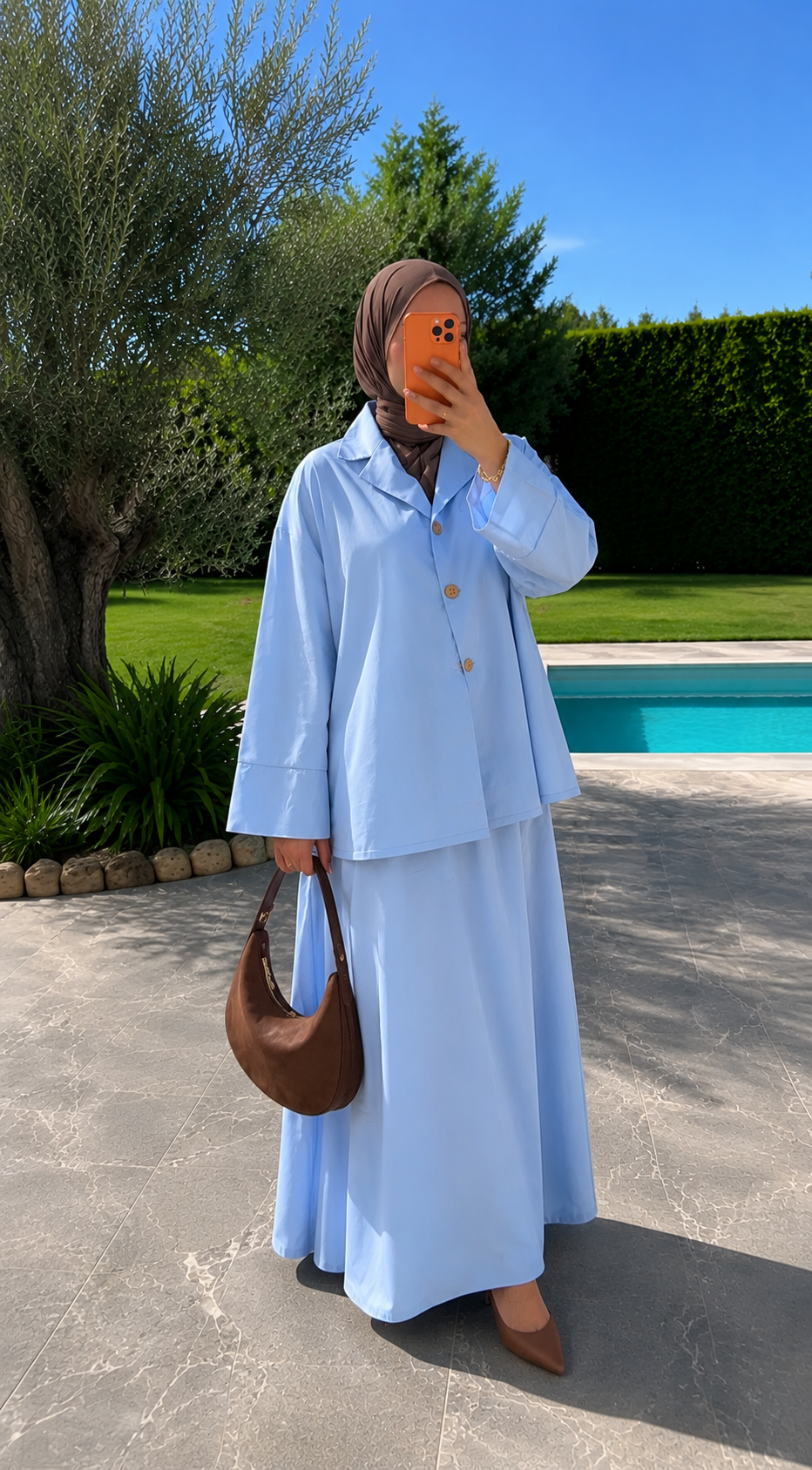 Ensemble Blazer & Jupe Longue Bleu Ciel