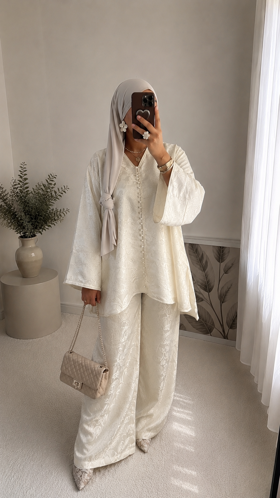 Ensemble brocard luxe écrue oversize élégant, Abaya set