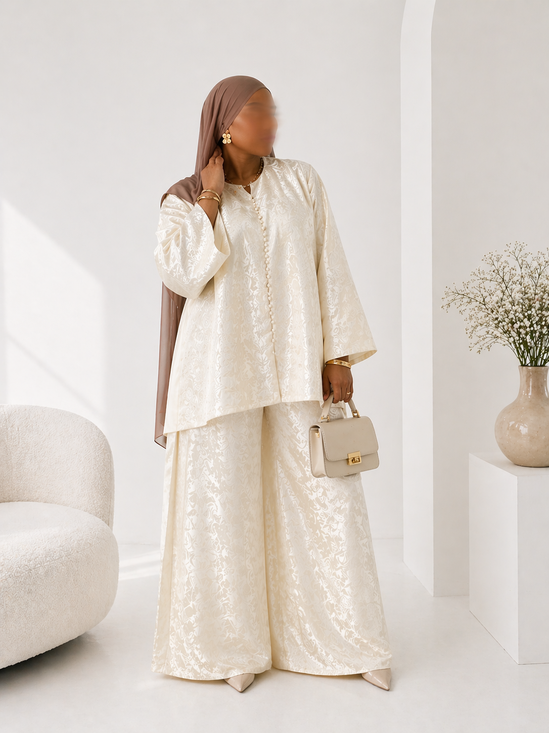Ensemble brocard luxe écrue oversize élégant, Abaya set