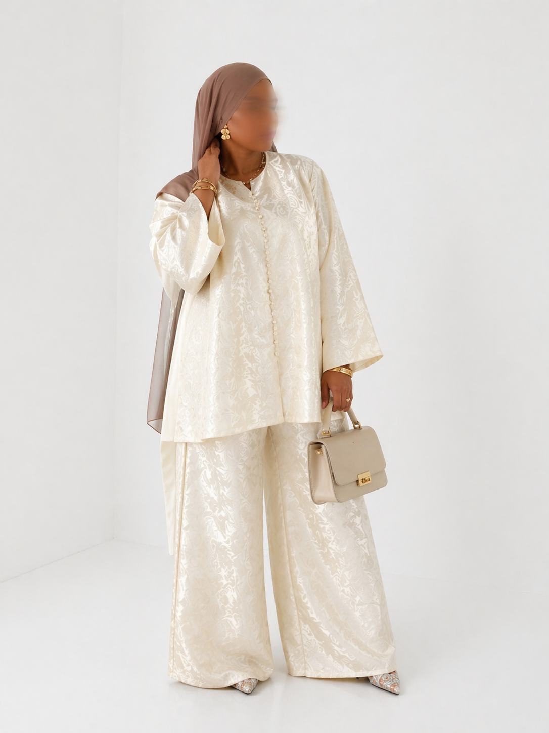 Ensemble brocard luxe écrue oversize élégant, Abaya set