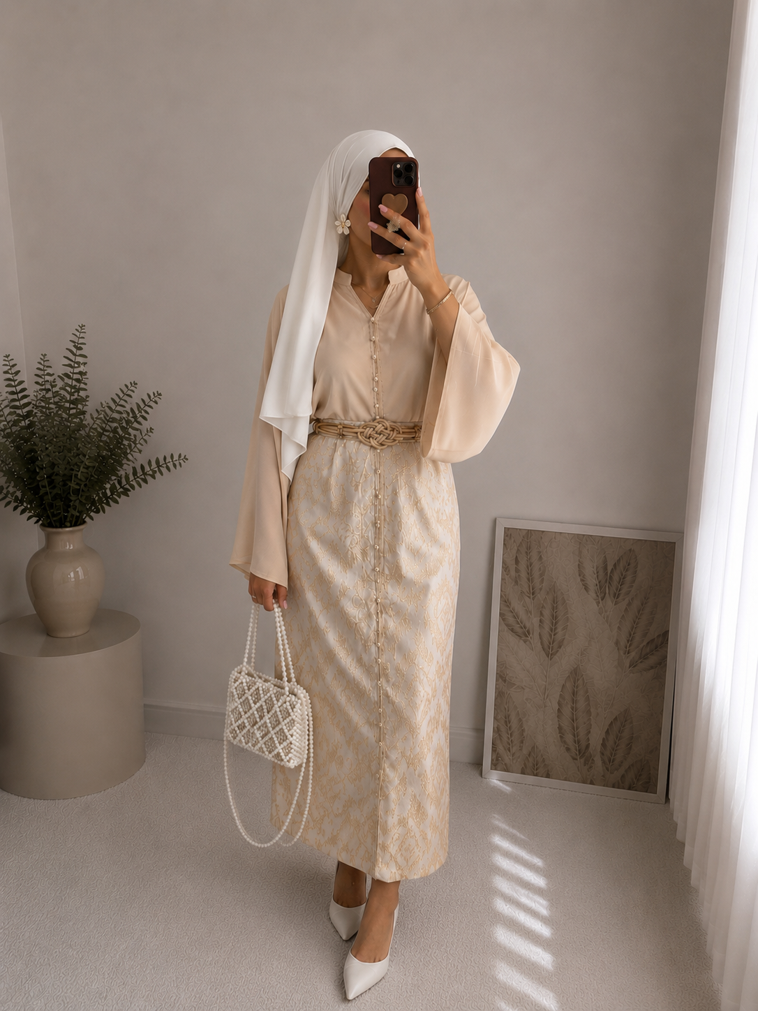 Ensemble Caftan Brocard beige élégant