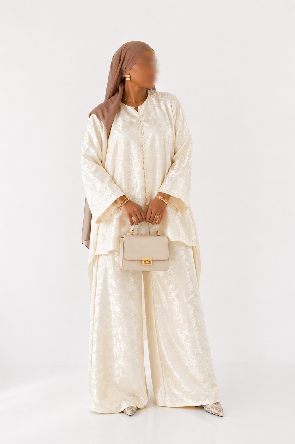 Ensemble brocard luxe écrue oversize élégant, Abaya set