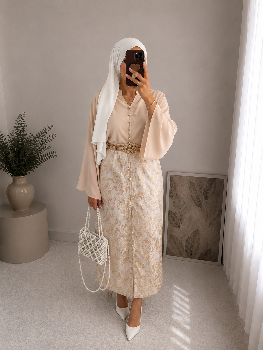 Ensemble Caftan Brocard beige élégant