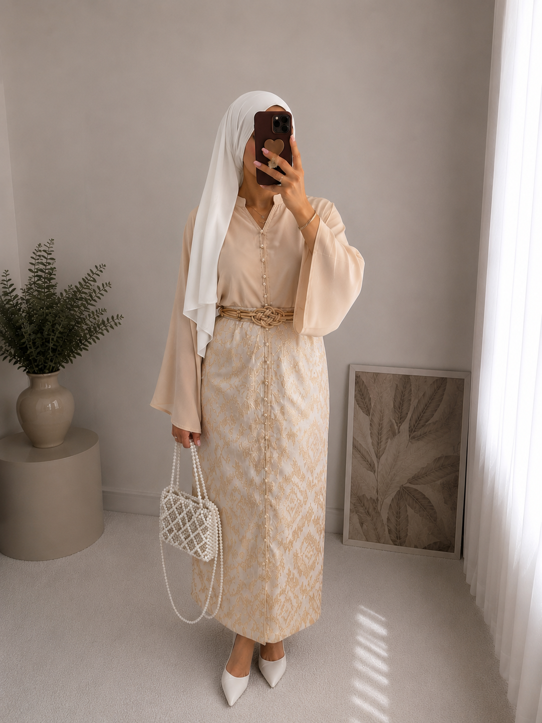 Ensemble Caftan Brocard beige élégant
