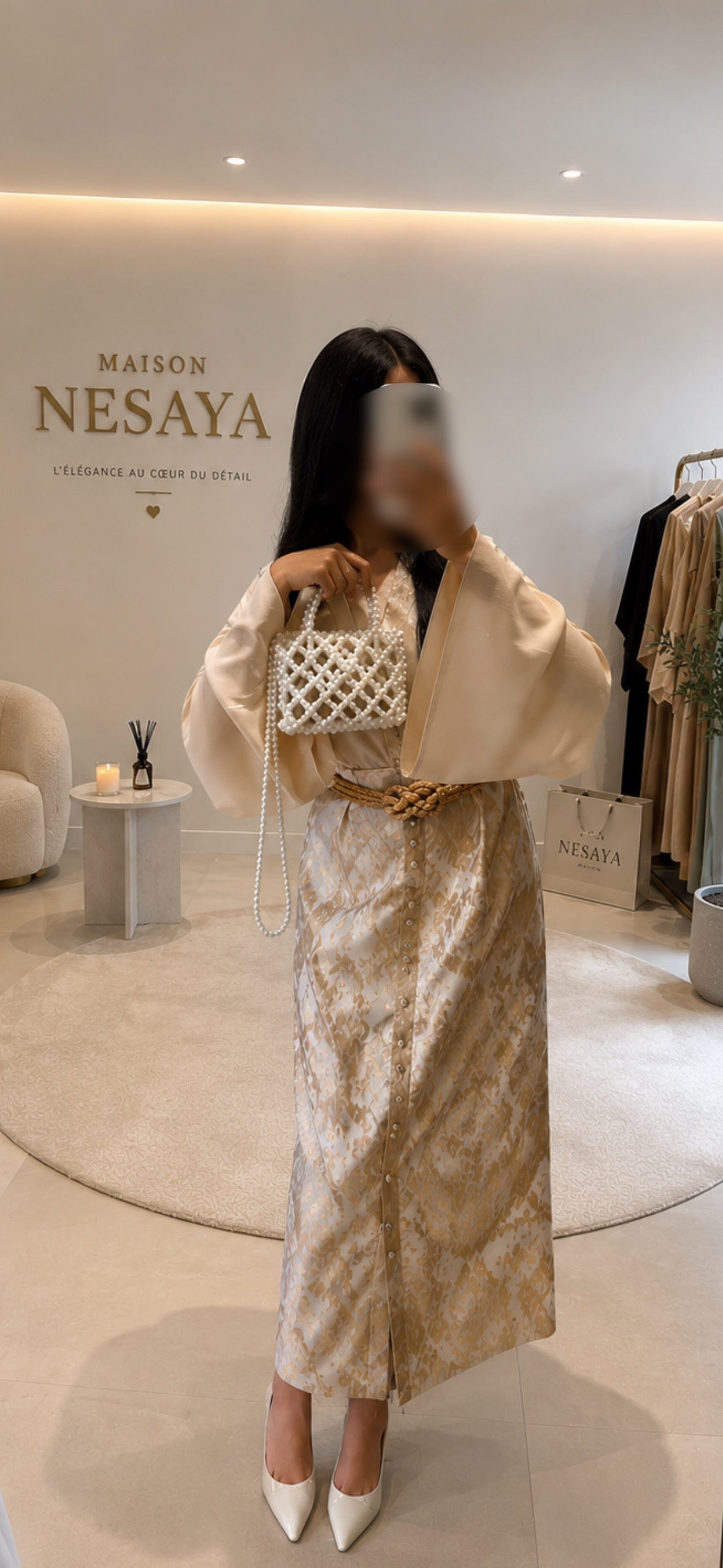 Ensemble Caftan Brocard beige élégant