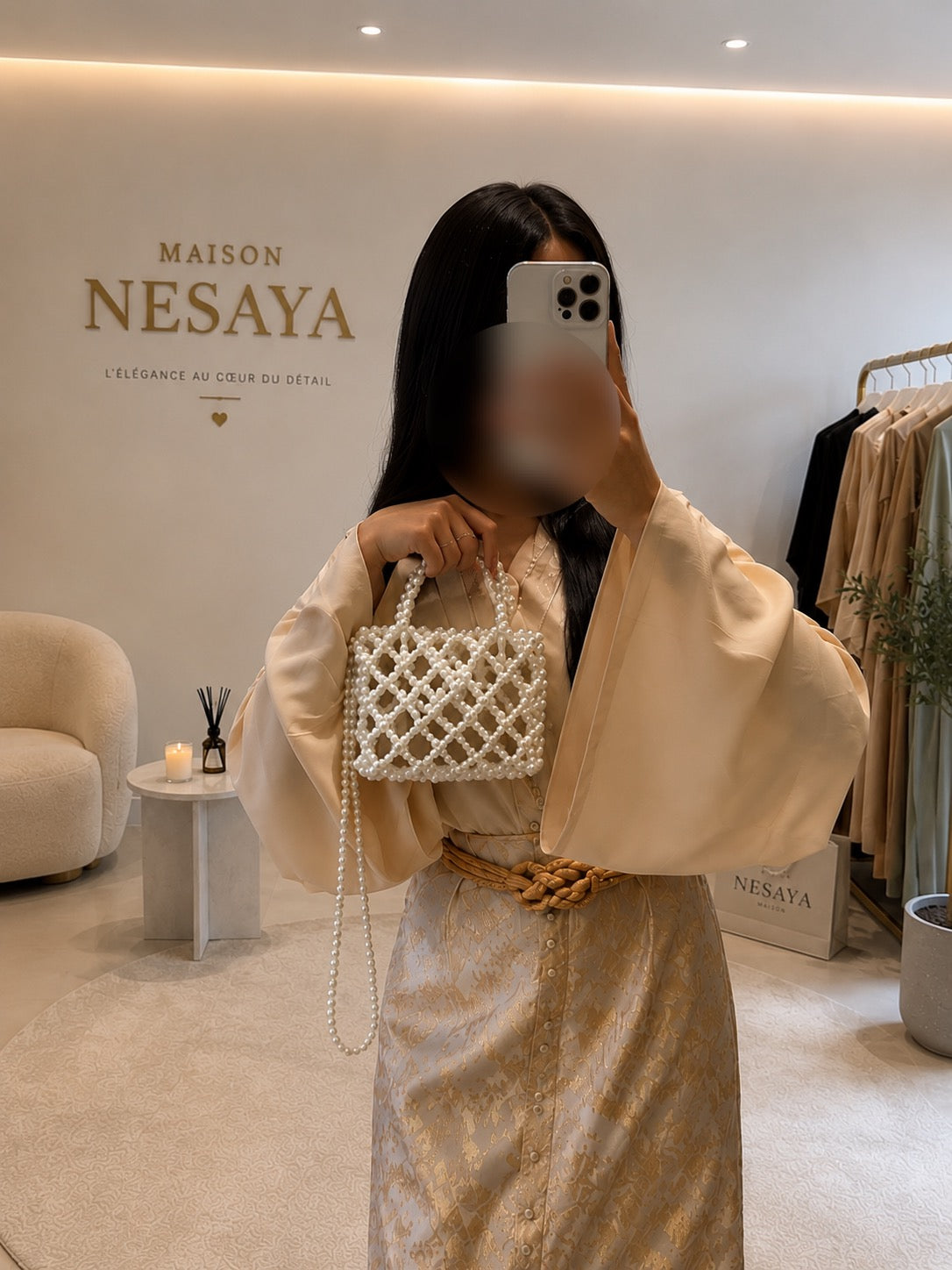 Ensemble Caftan Brocard beige élégant