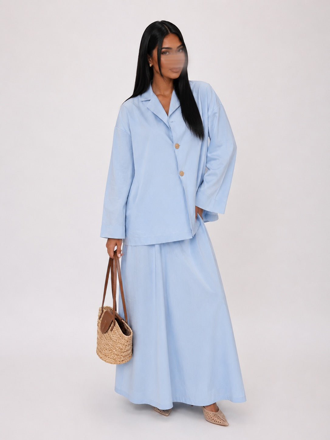 Ensemble Blazer & Jupe Longue Bleu Ciel