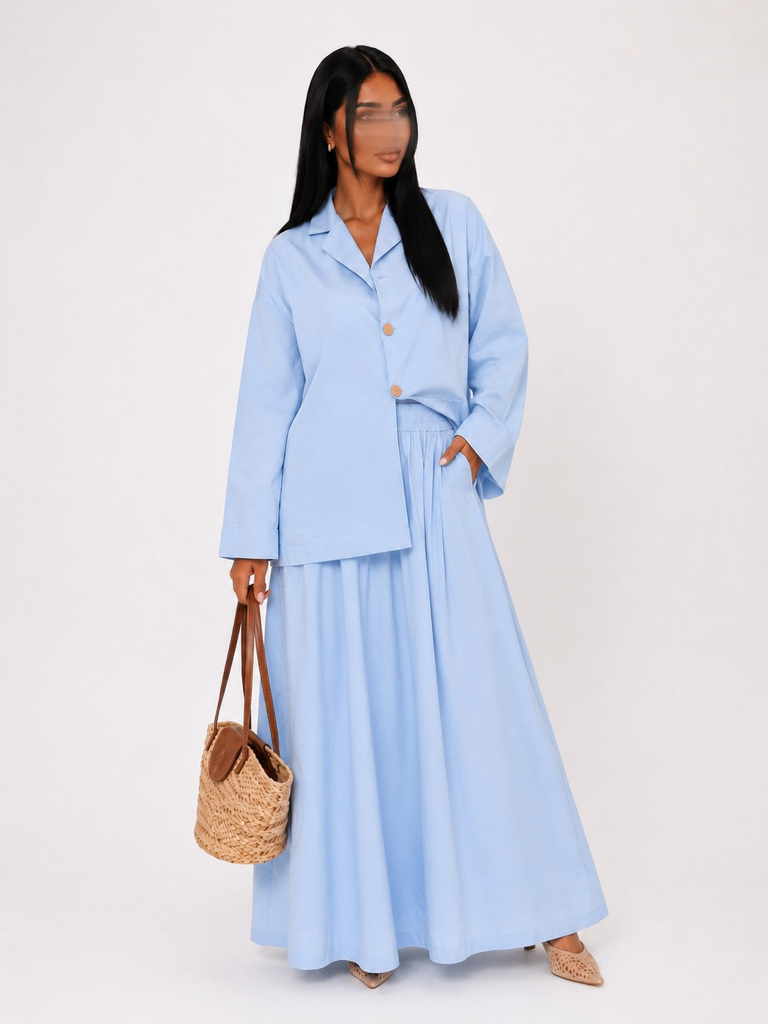 Ensemble Blazer & Jupe Longue Bleu Ciel