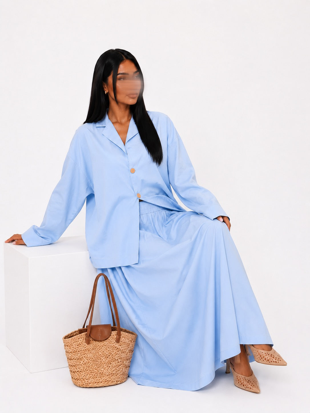 Ensemble Blazer & Jupe Longue Bleu Ciel